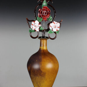 Torchworked Glass Stopper</br>Furnace Blown Bottle</br>9 x 9 x 22&rdquo;</br>2021