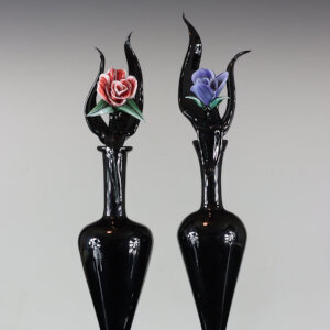 Torchworked Glass Stopper</br>Furnace Blown Bottle</br>3 x 3 x 15&rdquo; (tallest)</br>2022